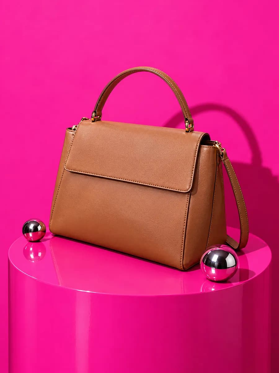 The same handbag on a pink plinth with chrome spheres, made by Loomshot